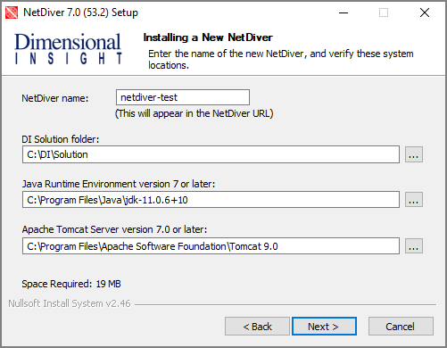 The Installing a New NetDiver window, asking to verify system locations.